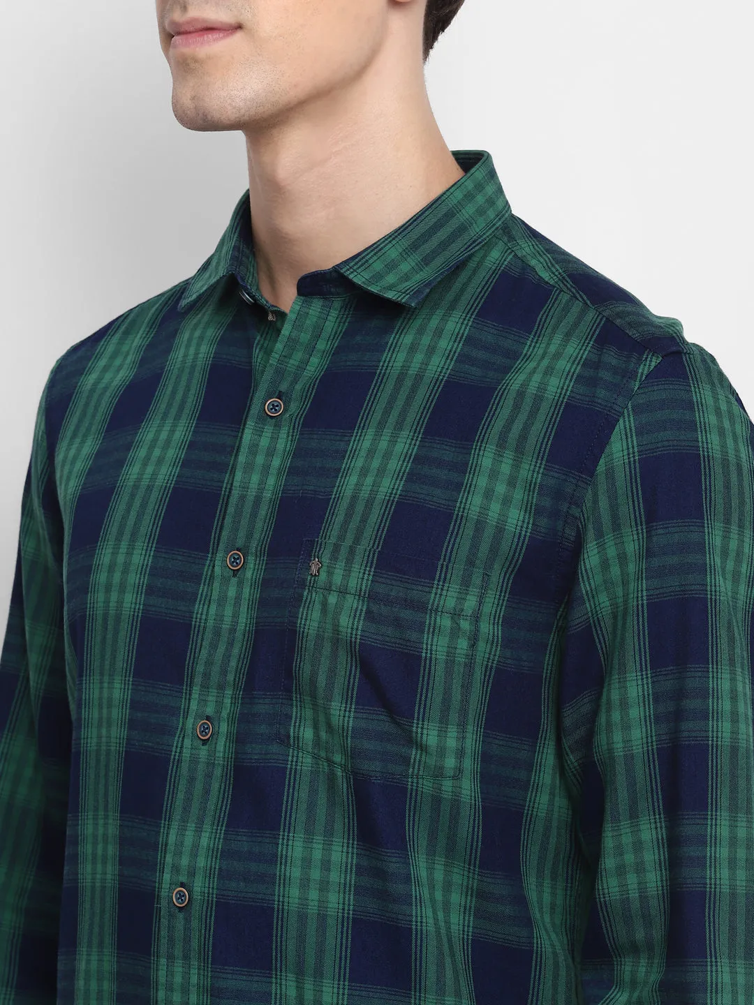 Turtle Men Green Cotton Checked Slim Fit Shirts