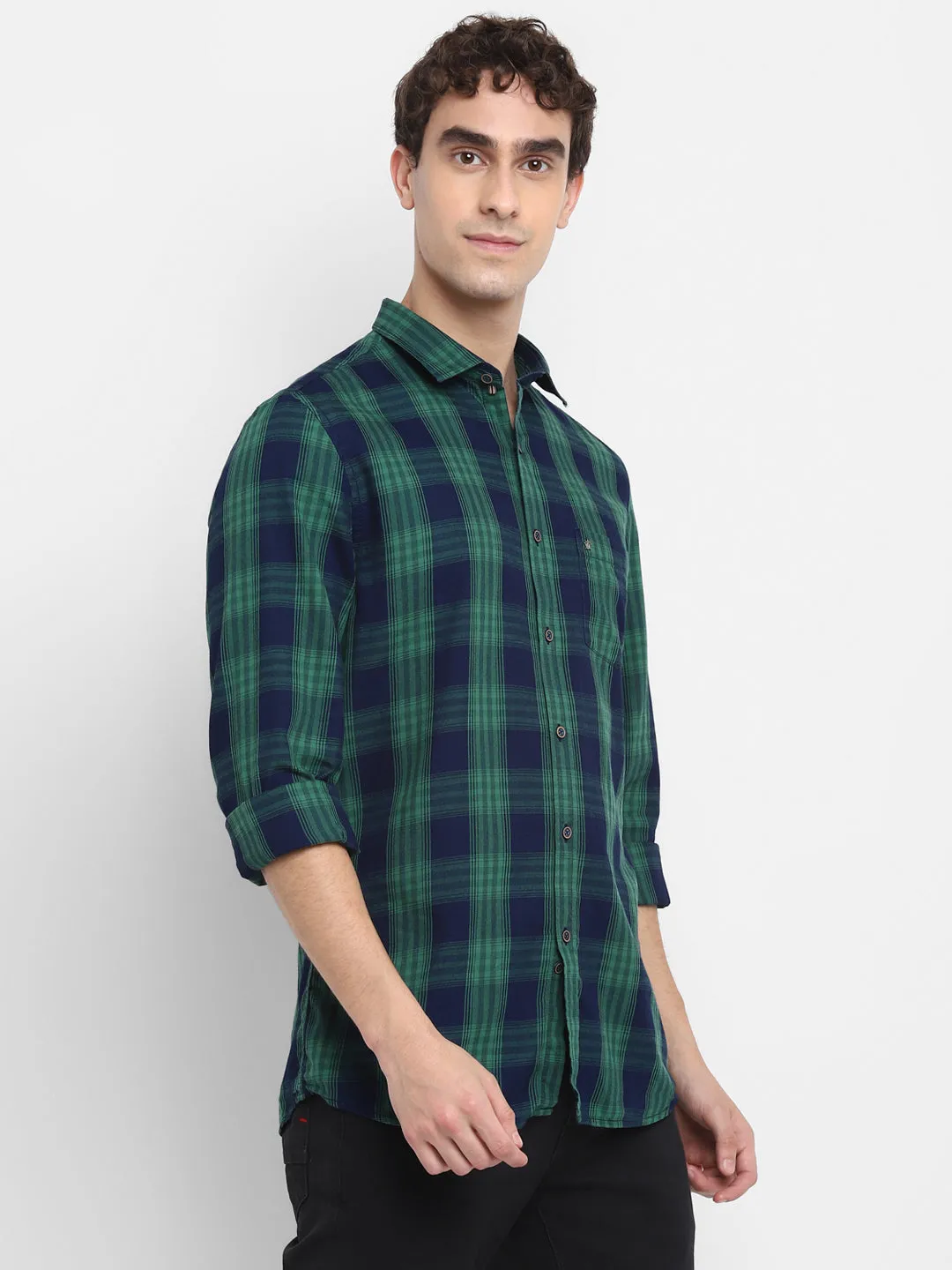 Turtle Men Green Cotton Checked Slim Fit Shirts