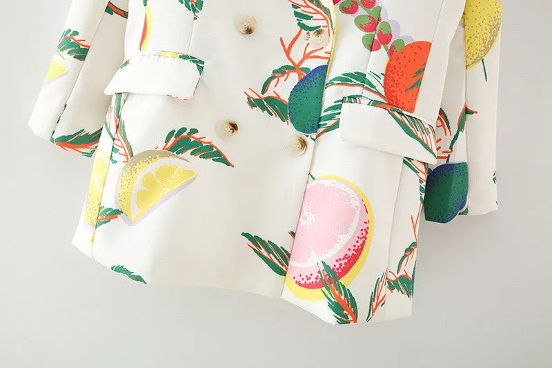 Wjczt Women  Fashion Double Breasted Fruit Print Blazers Coat Vintage Long Sleeve Pockets Female Outerwear Chic Tops