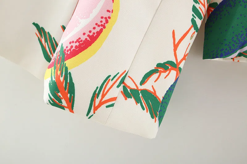 Wjczt Women  Fashion Double Breasted Fruit Print Blazers Coat Vintage Long Sleeve Pockets Female Outerwear Chic Tops