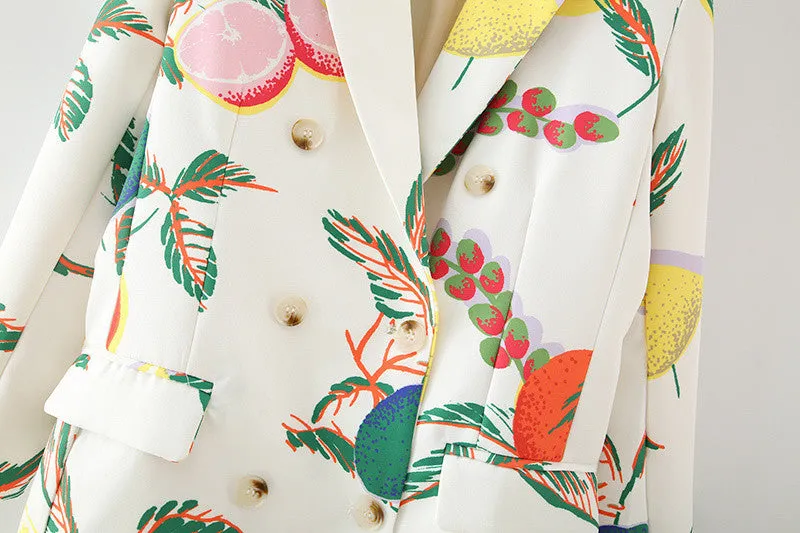 Wjczt Women  Fashion Double Breasted Fruit Print Blazers Coat Vintage Long Sleeve Pockets Female Outerwear Chic Tops