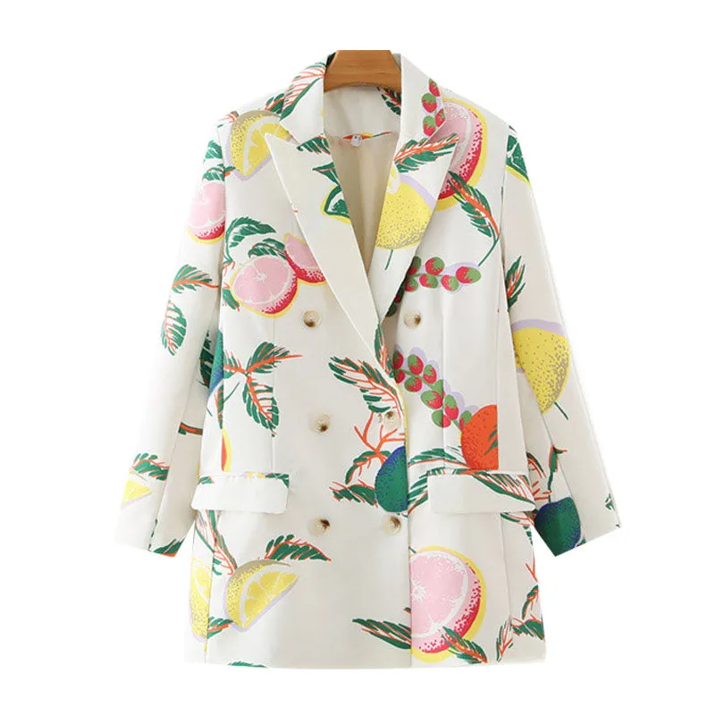 Wjczt Women  Fashion Double Breasted Fruit Print Blazers Coat Vintage Long Sleeve Pockets Female Outerwear Chic Tops