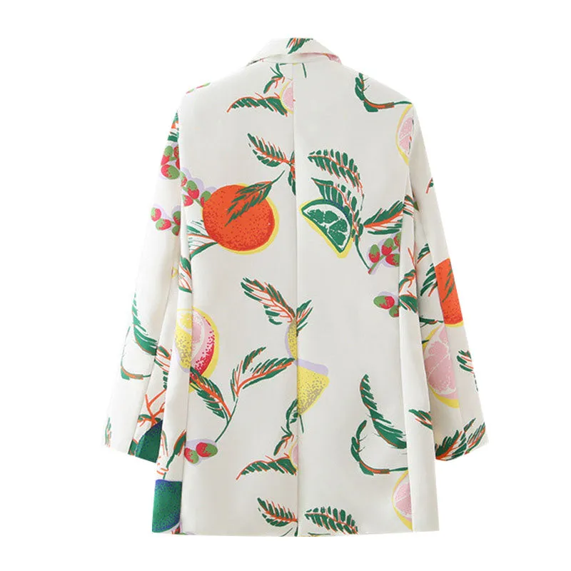 Wjczt Women  Fashion Double Breasted Fruit Print Blazers Coat Vintage Long Sleeve Pockets Female Outerwear Chic Tops