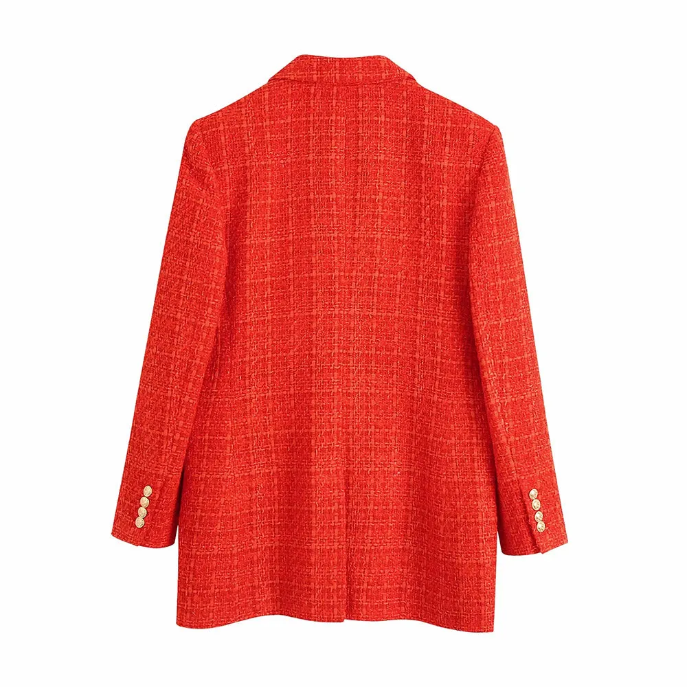 Wjczt Women  Fashion With Print Lining Fitted Tweed Blazer Coat Vintage Long Sleeve Pockets Female Outerwear Chic Veste
