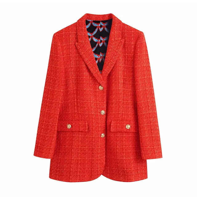 Wjczt Women  Fashion With Print Lining Fitted Tweed Blazer Coat Vintage Long Sleeve Pockets Female Outerwear Chic Veste