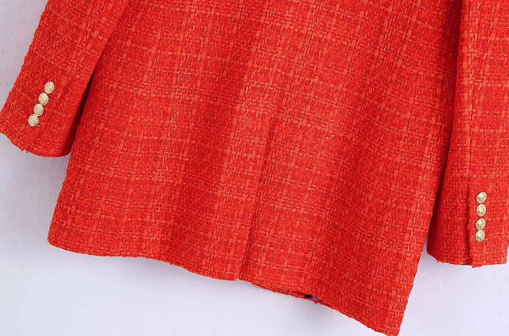 Wjczt Women  Fashion With Print Lining Fitted Tweed Blazer Coat Vintage Long Sleeve Pockets Female Outerwear Chic Veste