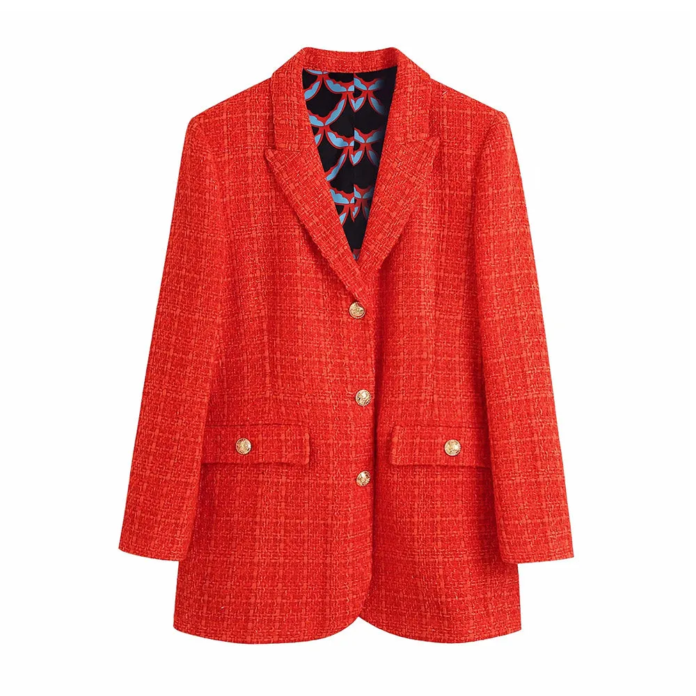 Wjczt Women  Fashion With Print Lining Fitted Tweed Blazer Coat Vintage Long Sleeve Pockets Female Outerwear Chic Veste